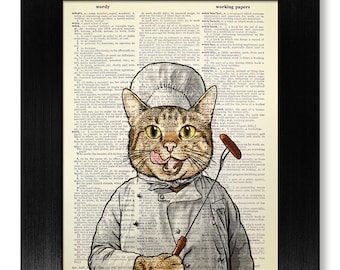 Kattköksdekorationskonst, KATTkonsttryck, MATLAGNINGSkonst, Kökskonstverk, Rolig kökskonst, Grilldekoration, Grillfest, Fet Kockkatt Poster