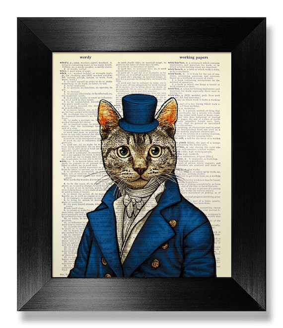 Ginger Cat Print Vintage Dictionary Page Wall Art Picture Animal Wearing Clothes