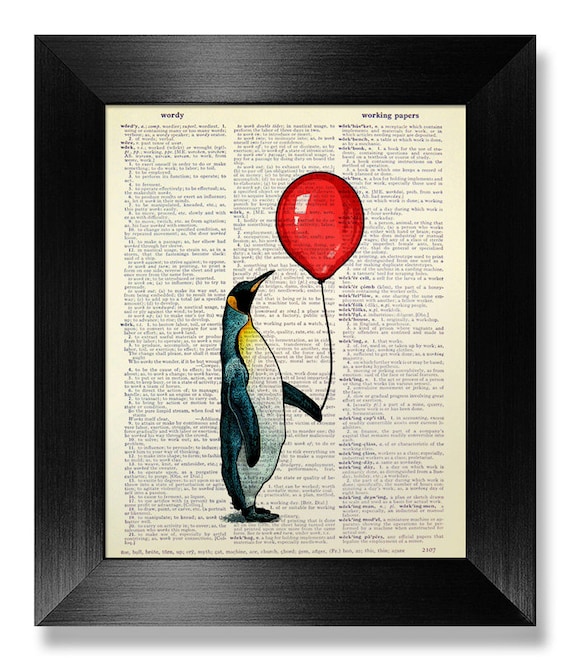 Unique WEDDING Gift Husband GIFT, Bridal Shower Gift, Living Room Decor, Kids BATHROOM Decor, Office Poster, Penguin & Red Balloon Artwork