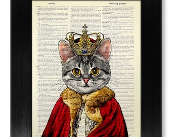 GEEKERY Cat Painting, DICTIONARY Art Print, Cat OFFICE Decor, Cat Wall Art, Cat Book Art, Cat Bedroom Art, Room Decor, Home Decor, Cat King