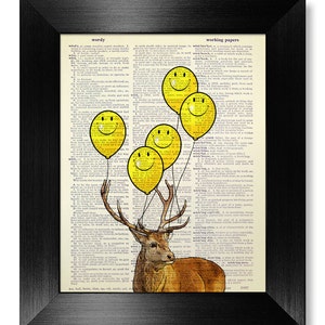 Smiley Face Emoji Balloon Print, Deer Art, Yellow Balloon Art, Deer Antler Wall Art, Deer Print, Happy Face Balloon Wall Art, Deer Artwork