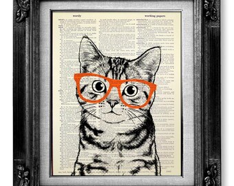 Cat Print Cat POSTER Cat Wall Art, CAT Lover Birthday GIFT, Cat Home Decor Tabby Cat with Glasses, Bedroom Living Room Wall Decor