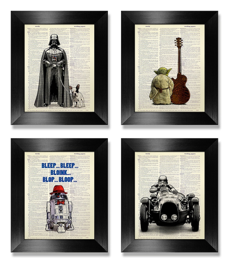 May include: Set of four framed prints featuring characters from Star Wars. The prints are on a white background with black text. The first print features Darth Vader walking a dog. The second print features Yoda standing next to a guitar. The third print features R2-D2 with the text "Bleep... Bleep... Bloink... Blop... Bloop..." The fourth print features a Stormtrooper driving a car.