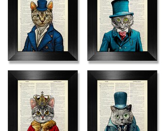 STEAMPUNK Decor, Steampunk Art, Steampunk Animals in Clothes, Cat WALL DECOR Dog Wall Decor Living Room Wall Decor Art Print Set of 4 Prints