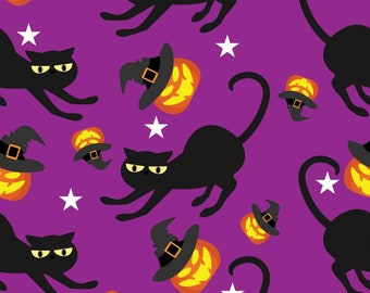 ハロウィン生地、キルティング生地、黒猫、トリック・オア・トリート、綿生地、手芸用品/裁縫、生地ヤード/ハーフヤード/ファットクォーター
