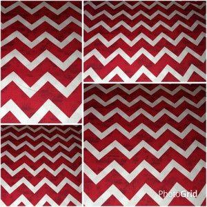 May include: Red and white chevron patterned fabric. The fabric has a subtle distressed look.