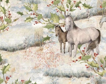 Christmas Fabric, Quilting Fabric, Scenic Horses, Christmas Scene, Hollies, Snowfall, Holiday Fabric, Whole Yards/Half Yards