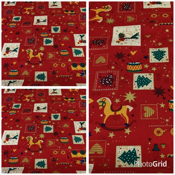 Tissu de Noël rouge, Tissu de Hanoukka, Jouets pour enfants / Tambours / Cheval à bascule / Arbres / Lumières, Tissu décoratif, Courtepointe / Fourniture d’artisanat / Fournitures de couture