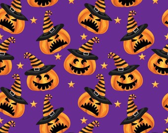 May include: A seamless pattern featuring orange jack-o'-lantern pumpkins with black eyes, noses, and mouths wearing black and orange striped witch hats on a purple background with yellow stars.