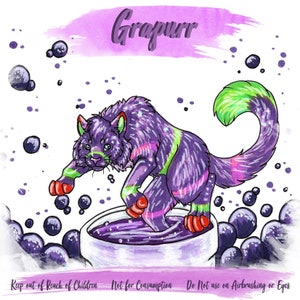 May include: A purple and green cat-like creature with a sparkly coat stands on a purple liquid in a white bowl. The creature has red paws and a long tail. The background is a watercolor wash of purple and pink. The text "Grapurr" is written in purple at the top of the image. The text "Keep out of Reach of Children Not for Consumption Do Not use on Airbrushing or Eyes" is written at the bottom of the image.