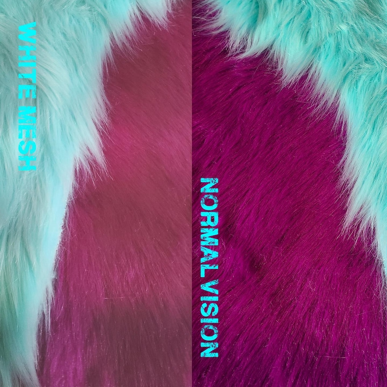 May include: A split image showcasing two distinct textures. One side features a vibrant, fluffy turquoise material, while the other displays a deep magenta, both with a soft, fur-like appearance. Text in turquoise reads "WHITE MESH" and "NORMAL VISION".