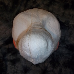May include: White papier-mâché animal head base with a textured surface. The base has two small, orange-colored areas on the sides.