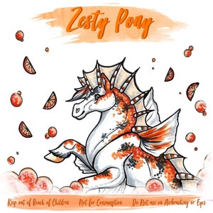 May include: A watercolor illustration of a Zesty Pony, a mythical creature with a horse head and a koi fish tail. The pony is orange, white, and black with a spiky mane and tail. The background is a watercolor wash of orange and white.