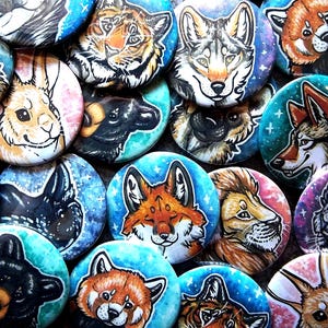 Galaxy Animal Furry Button, 2.25" Metal Pin Back, Lion, Leopard, Wolf, Hyena, Tiger, Fox, Red Panda, Bear, Coyote, Crow, Rabbit, Horse*