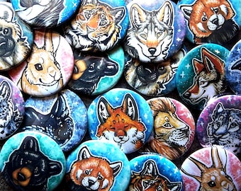 Galaxie Knopf, 5,25cm Metall Pin, Löwe, Leopard, Wolf, Hyäne, Tiger, Fuchs, roter Panda, Bär, Koyote, Krähe, Hase, Pferd*