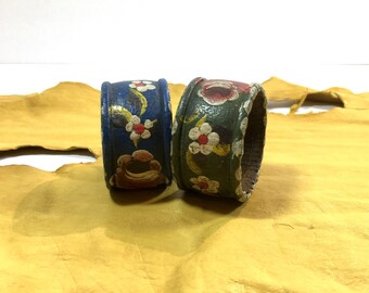 Leather Napkin Rings Hand Painted Floral Vintage Blue and Green Weathered Leather Set of 2 Rustic Home Decor