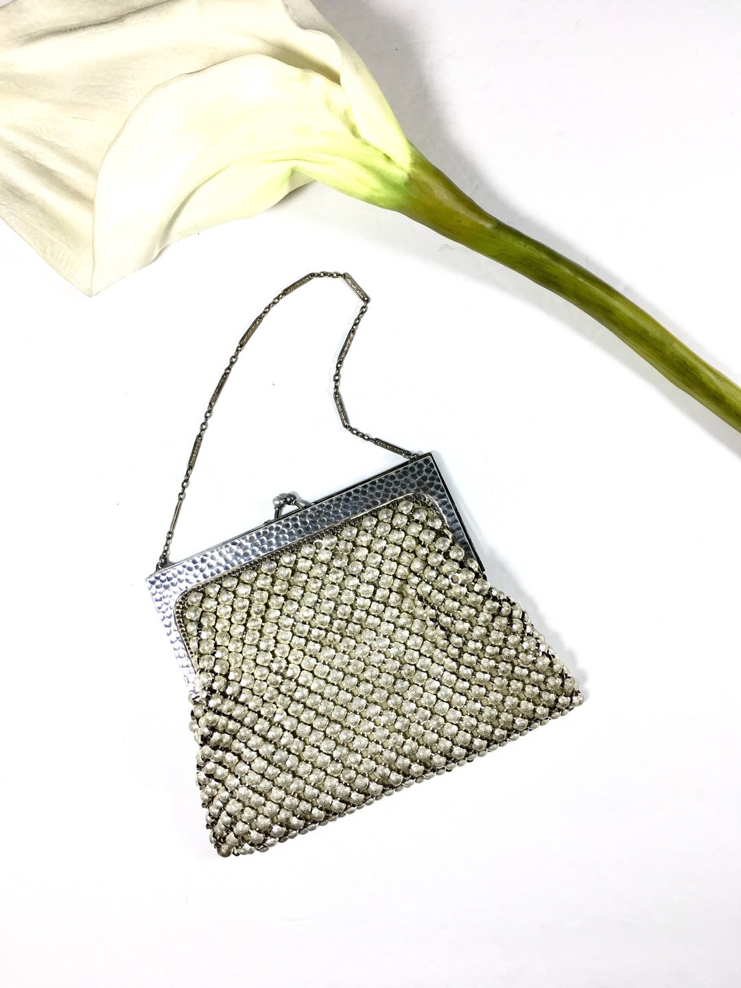 Antique Whiting and Davis Mesh Bag Metal Clutch Purse Original Silk