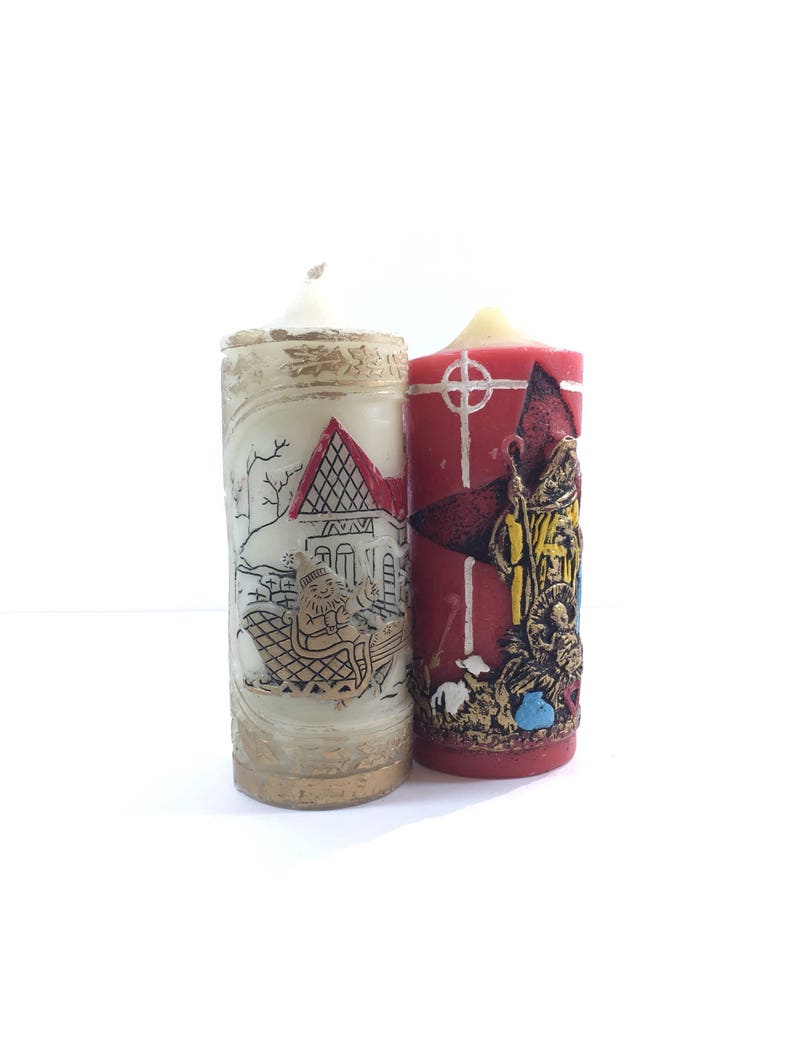 Vintage 1970s Christmas Candles Pillar Red Nativity Scene Etsy