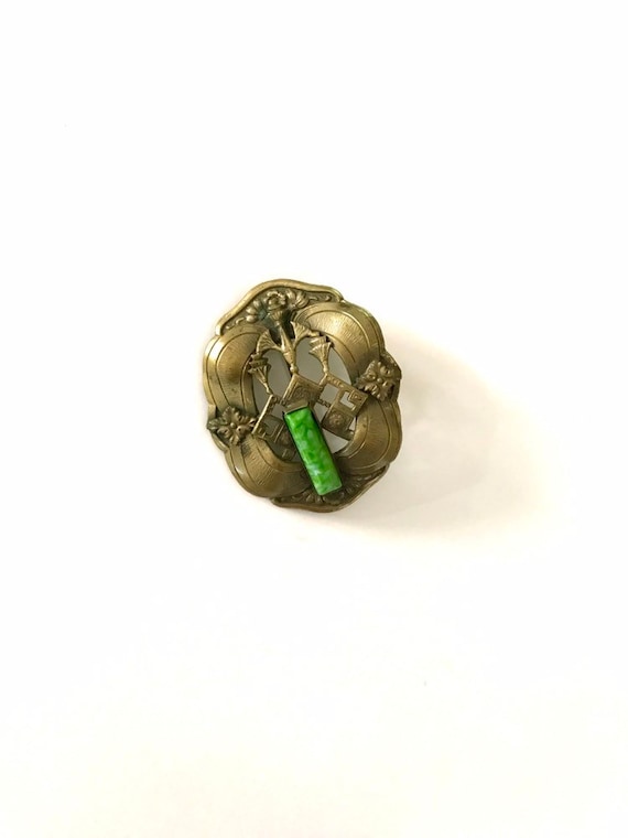 Brass and Jade Art Nouveau Brooch