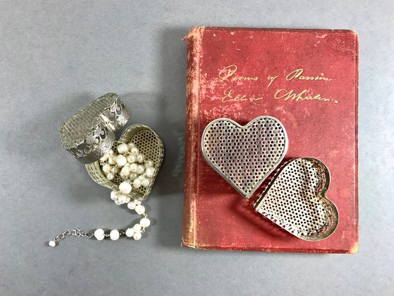 Vintage Metal Box Filigree Heart Shaped Jewelry T… - image 1