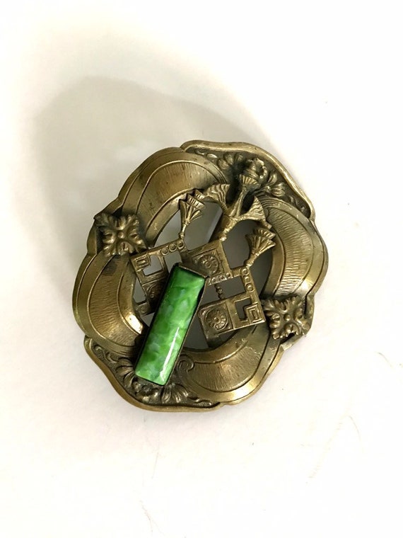 Brass and Jade Art Nouveau Brooch - image 3