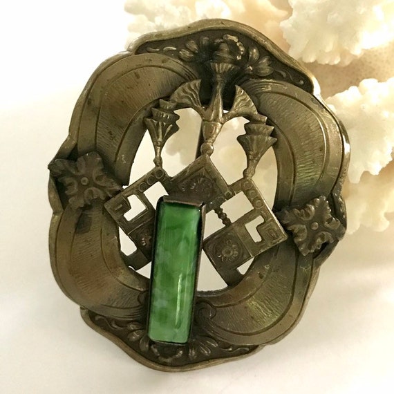 Brass and Jade Art Nouveau Brooch - image 4