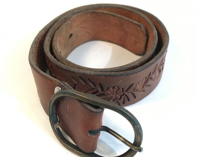 Tooled Leather Belt Brass Belt Buckle Acorns Flowers on - Etsy