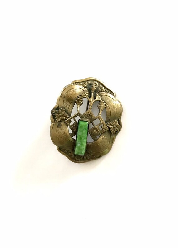 Brass and Jade Art Nouveau Brooch - image 2