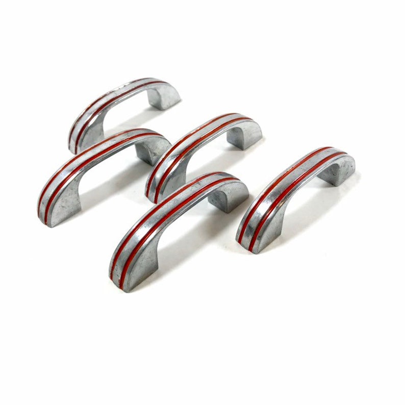 Art Deco Drawer Pulls Chrome With Red Pinstripe Set Of 5 Etsy