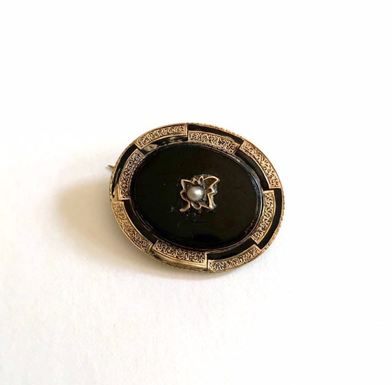 Victorian 14k Yellow Gold Black Onyx Seed Pearl a… - image 2