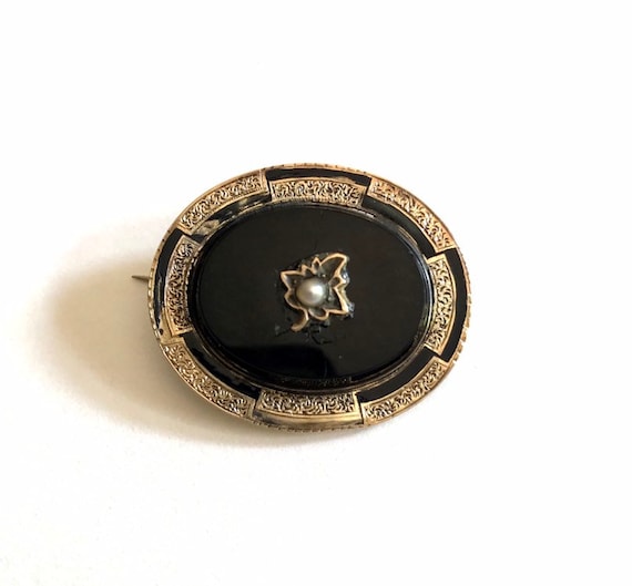 Victorian 14k Yellow Gold Black Onyx Seed Pearl a… - image 1