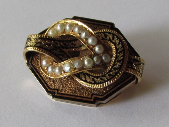 Victorian Enamel, Seed Pearl and Gold Brooch, Upcy