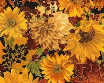 Autumn Time Fabric Panel Autumn Flowers Pumpkins Quilt Shop Quality