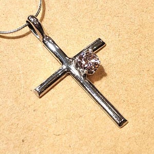 Handmade Sterling Silver Cross Pendant with Pink CZ Gemstone