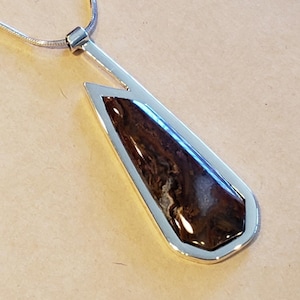 Reddish Brown Agate with Druzy in a Sterling Silver Pendant with chain, abstract design.