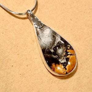 May include: A teardrop-shaped pendant with a silver setting and a patterned stone. The stone features a mix of black, white, and tan colors. The pendant hangs from a silver chain, creating a striking contrast.