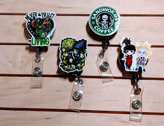 80's 90's Halloween Horror Movie Badge Reel, Alligator Clip ID Holder