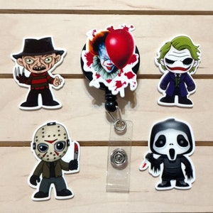 Halloween Badge Reels, Horror Badge Reels, Horror Movie Villains, Slasher Movies, Retractable Badge Reels, Teacher Id Holder, Nurse Id