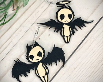 Demon and/or Angel Drop Wood Hoop Earrings Boho Ink Drip Black Halo or Horns Gothic