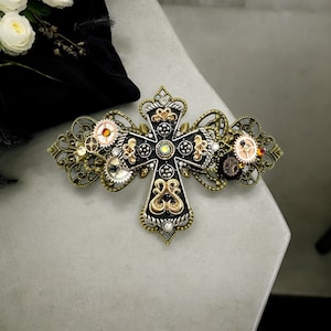 Steampunk Cross Hair Clip, Cogs & Gears Hair Accessory, Victorian Vintage Style Barrette, Gothic Hair Clip, Swarovski Crystals Hair Clip