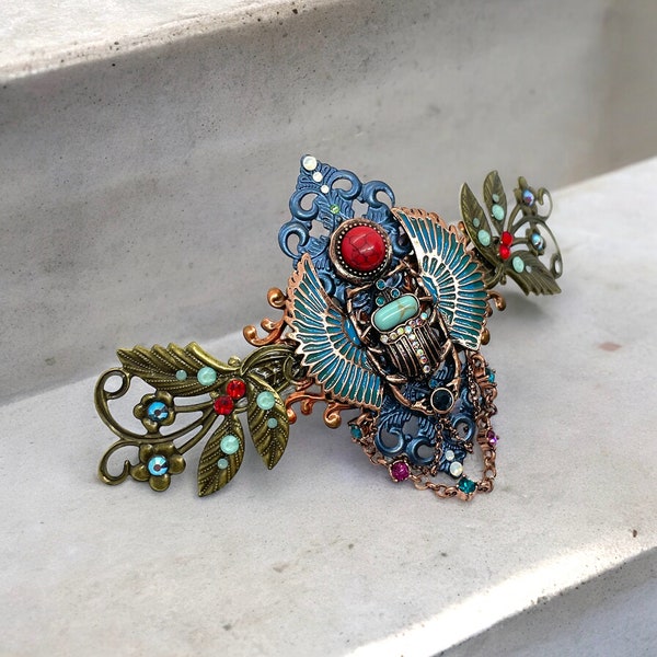 Egyptian Scarab Beetle Hair Clip, Palm Leaves Hair Accessory, Barrette, Swarovski Crystals