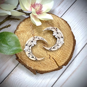 Rose Gold Floral Moon Dangle Wood Earrings