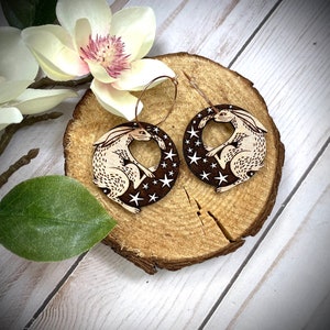 Rose Gold Rabbit Stars Dangle Wood Earrings