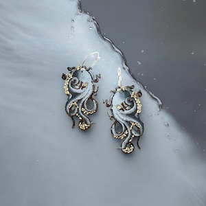Octopus Dangle Wood Hoop Earrings, Kraken Earrings, Octopus Jewelry, Wooden Sea Life, Gold Leaf Earrings, Whimsical Jewelry, Animal Earrings