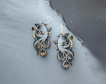 Octopus Dangle Wood Hoop Earrings, Kraken Earrings, Octopus Jewelry, Wooden Sea Life, Gold Leaf Earrings, Whimsical Jewelry, Animal Earrings