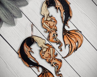 Rose Gold Mermaid Wood Hoop Earrings With Swarovski Crystals