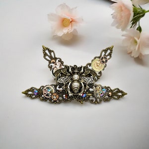 Steampunk Honeybee Hair Clip, Cogs & Gears Hair Accessory, Victorian Vintage Style Barrette, Gothic Hair Clip, Swarovski Crystals Hair Clip