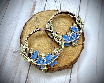 Floral Corn Flower Circle Hoop Dangle Wood Earrings