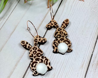 Leopard Print Easter Bunny Earrings For Women, Rose Gold, Cute Cotton Tail, Wood Rabbit Dangle Earrings