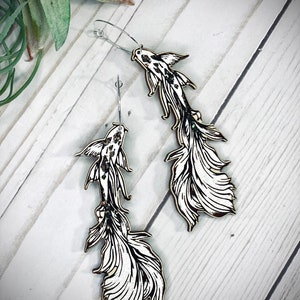 Koi Fish Dangle Wood Hoop Earrings Pearl White Earrings, Laser Cut Fish Earrings, Japanese Koi Garden, Whimsical Earrings